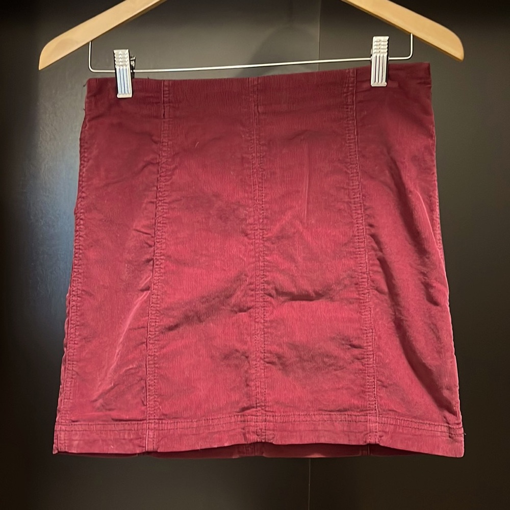 Maroon corduroy mini pencil skirt.